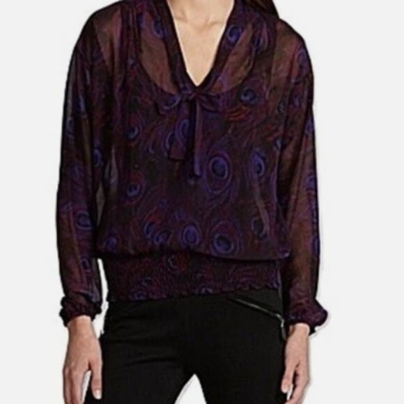 Michael Kors Sheer Feather Print Tie Neck Chiffon Top Blouse Women’s - Picture 6 of 6